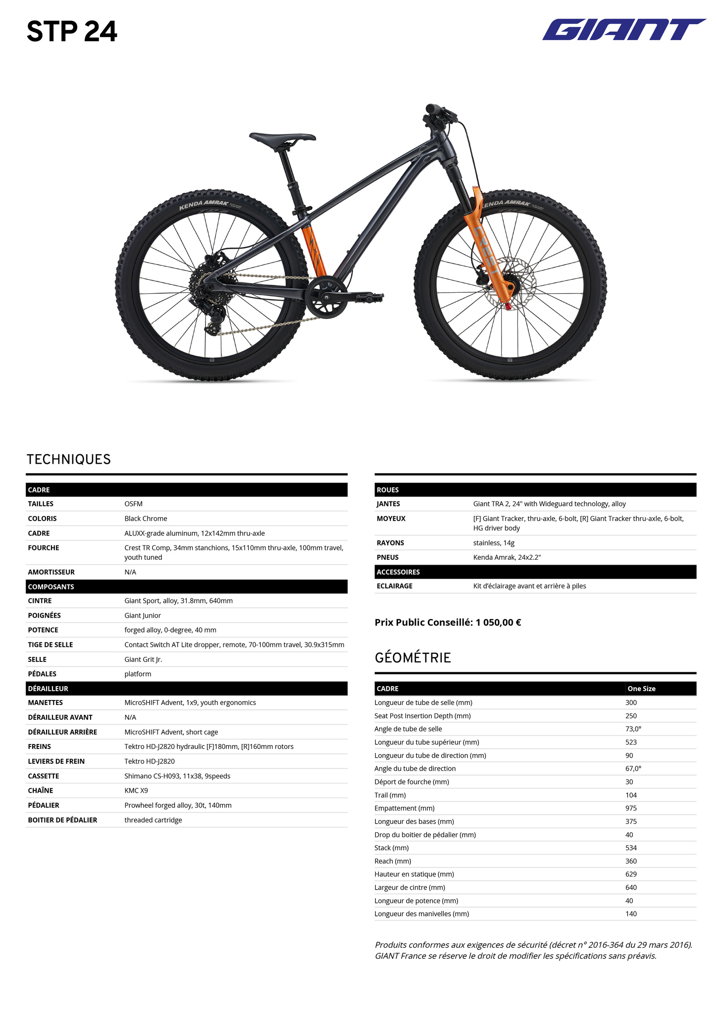 Fiche technique du velo STP 24 année 2026